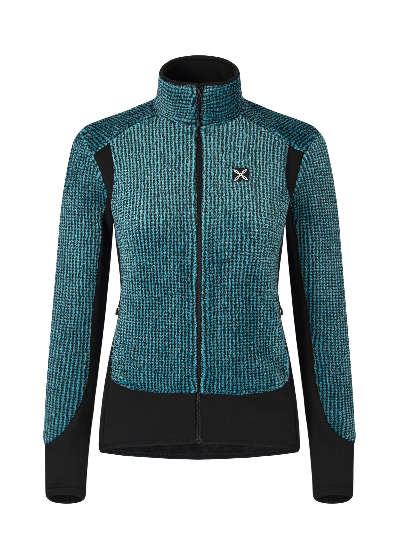 Women's Ice Blink Jacket in Polartec® High Loft™ fleece, featuring stretch contrast fabric, zip pockets, and elastic hem; perfect for climbing and outdoor activities.
