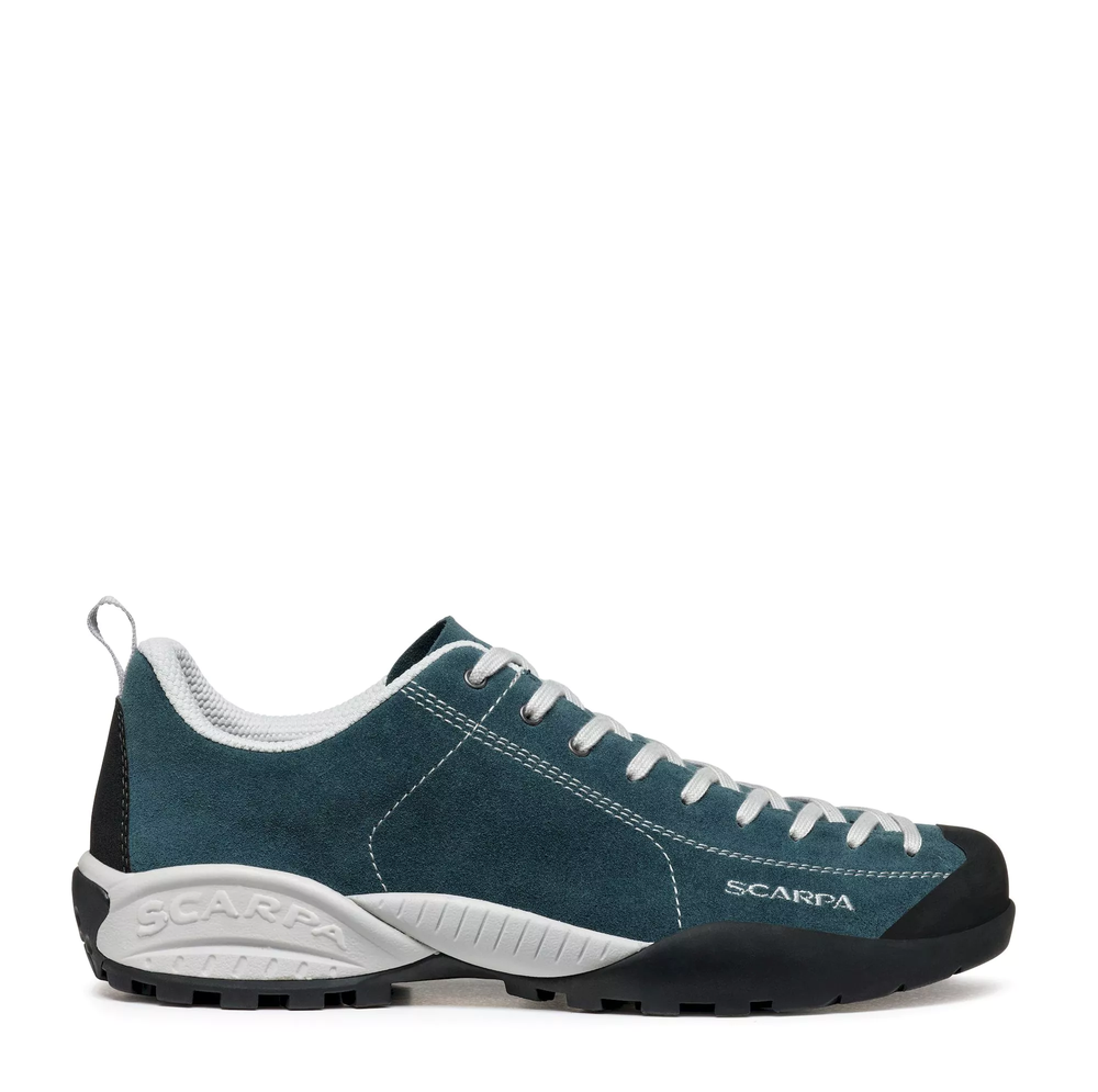 Mojito Petrol shoe by SCARPA, featuring suede upper, climbing-inspired lacing, and Vibram® rubber sole.