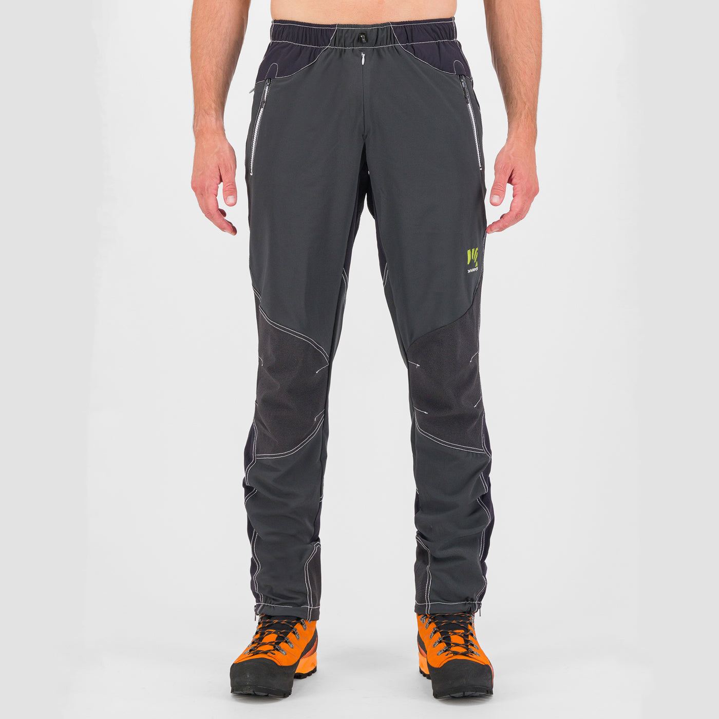 Wall Pants for alpine climbing, waterproof with Kortec knee reinforcements, shown on model.