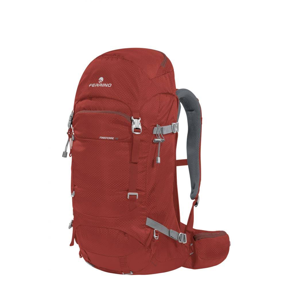 Red hiking backpack Zaino Finisterre 38 with multiple pockets and flexible back support.