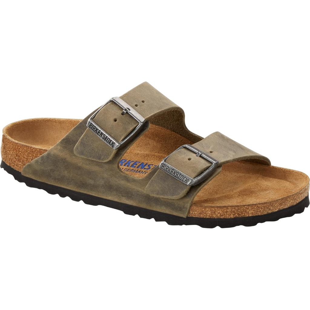 BIRKENSTOCK Arizona SFB Oiled Leather Sandal with suede upper and adjustable metal buckles, featuring Soft Footbed and EVA sole.