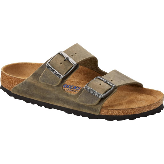BIRKENSTOCK Arizona SFB Oiled Leather Sandal with suede upper and adjustable metal buckles, featuring Soft Footbed and EVA sole.