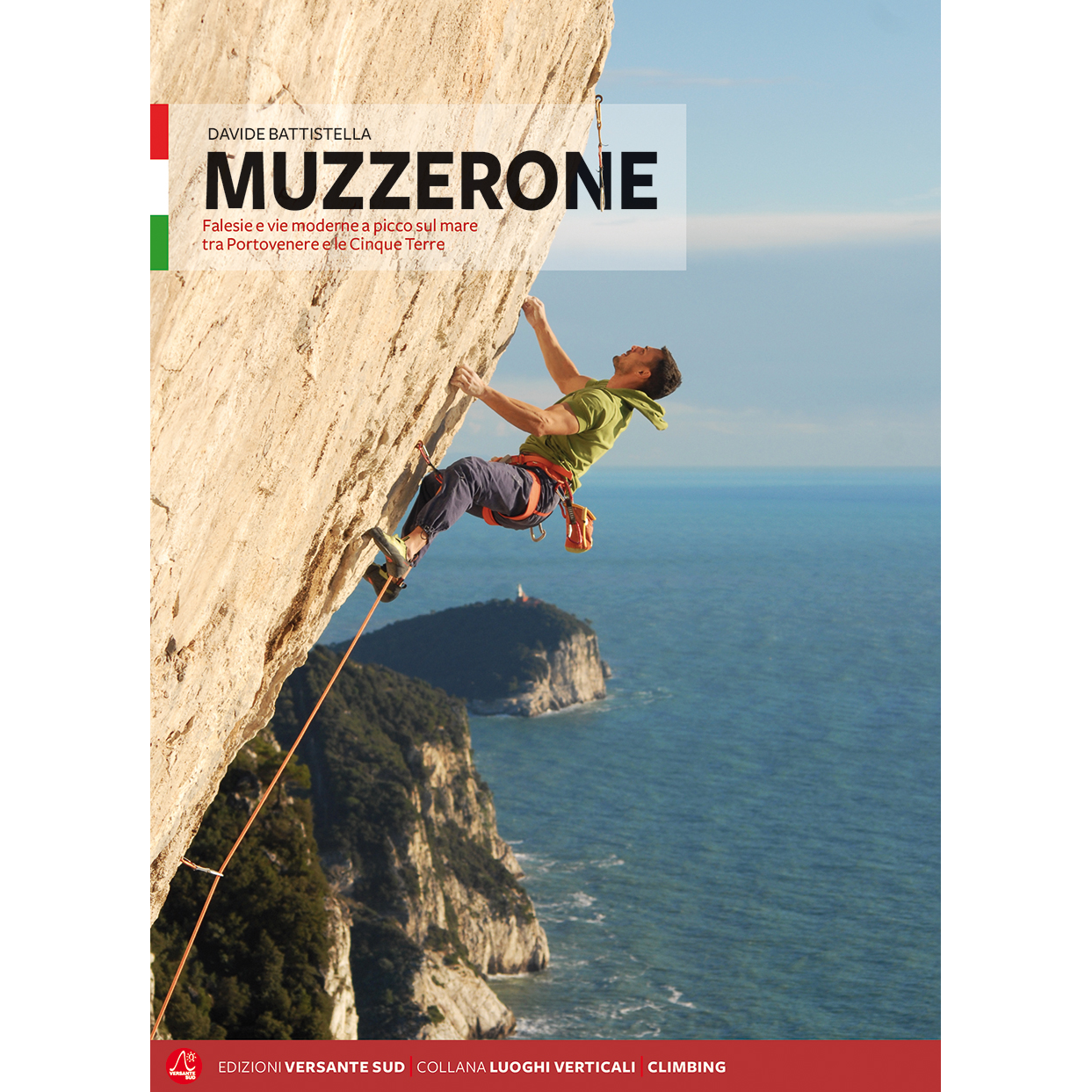 Man rock climbing on steep cliff above the sea at Muzzerone (Ita) with coastal landscape in the background