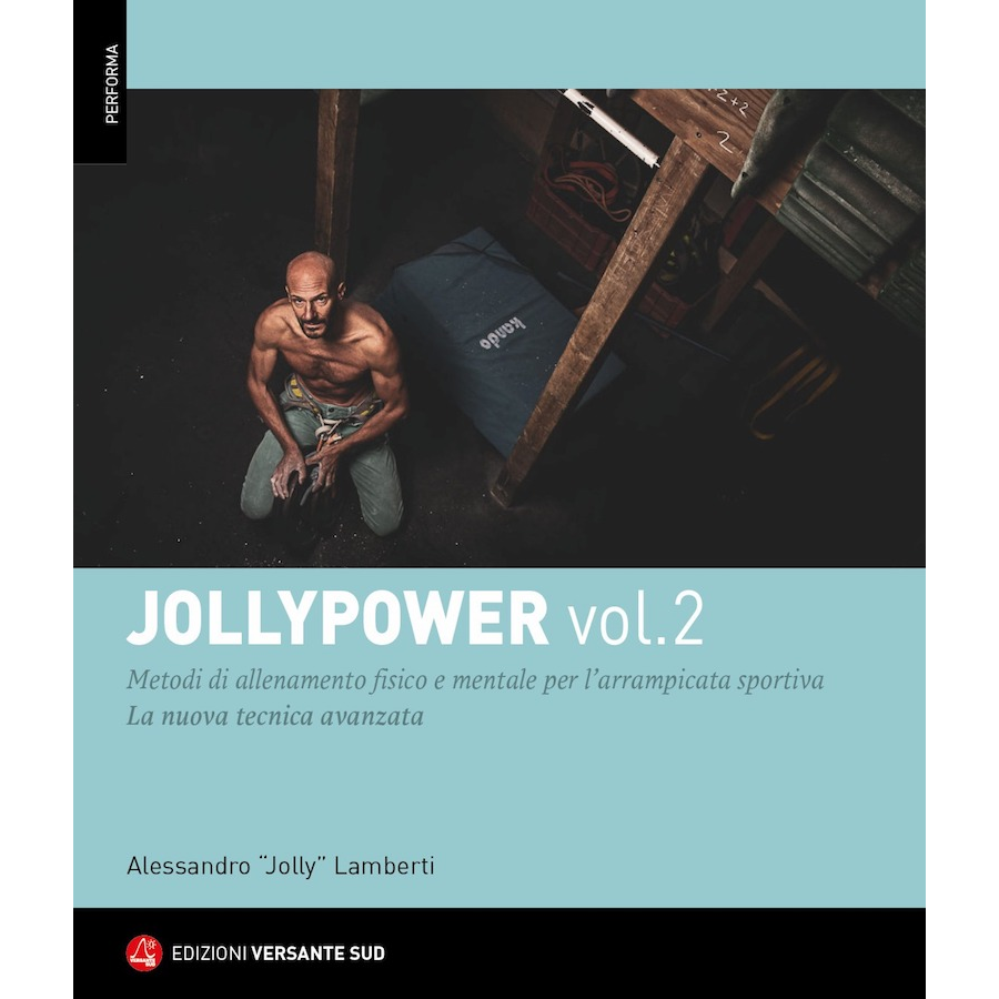Copertina di Jollypower Vol. 2 con atleta di arrampicata sportiva e testi sull'allenamento fisico e mentale